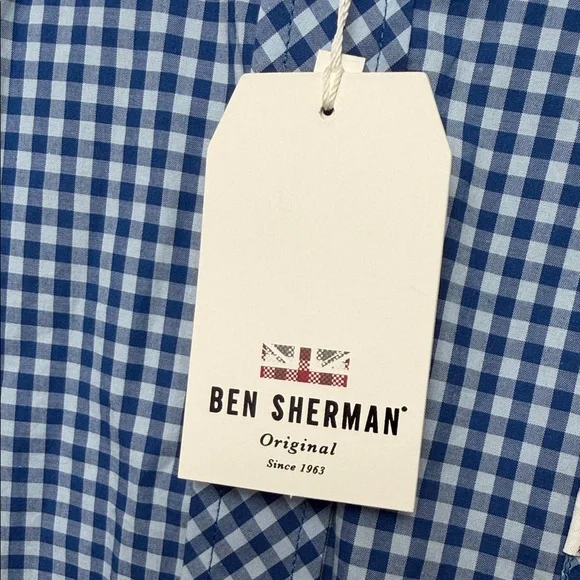 NWT Men’s Ben Sherman Blue and White Checkered Long Sleeve Gingham Shirt, 2XL - Picture 8 of 8